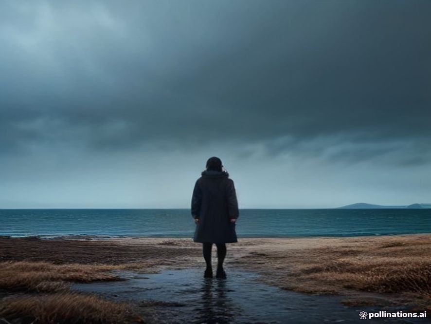 A cinematic and photorealistic 8k image of a person wearing a layered stylish autumn coat standing against a backdrop of a clear blue sky transitioning into moody rain clouds over a coastal landscape, capturing the crisp and variable atmosphere of early autumn.