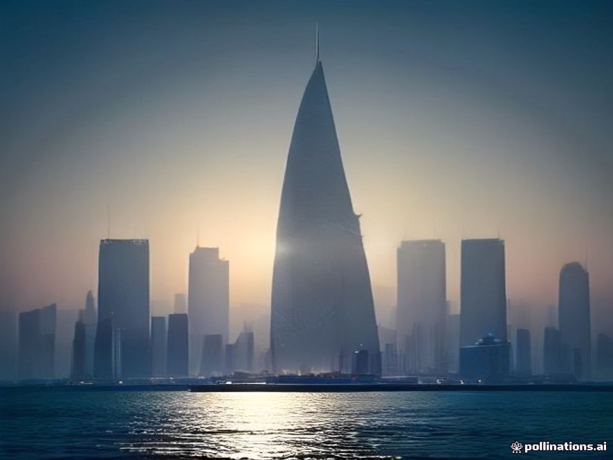 A cinematic, photorealistic 8k image showing a shark fin slicing through the shimmering, calm waters near the modern Busan North Port waterfront, with a hazy city skyline in the background, capturing a tense and ominous atmosphere of a changing marine ecosystem.