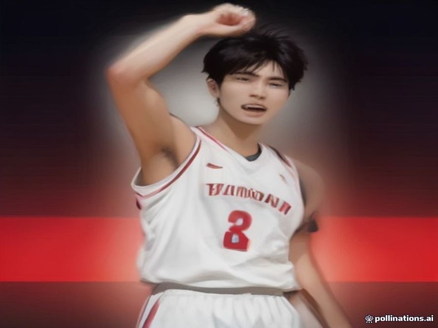 A cinematic, photorealistic 8k image capturing a passionate South Korean male basketball player standing triumphantly on the court under bright stadium lights, holding a gold medal with a look of intense pride, with a blurred cheering crowd in the background emphasizing a historic victory in Japan.