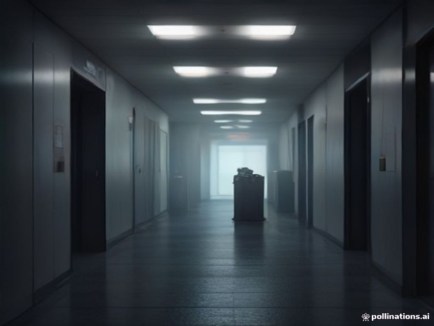 A cinematic, photorealistic 8k image showing a stacks of clinical waste containers piling up in a dimly lit, sterile hospital corridor, symbolizing the critical tension and fragility of the healthcare infrastructure, captured with dramatic shadows and a somber atmosphere.