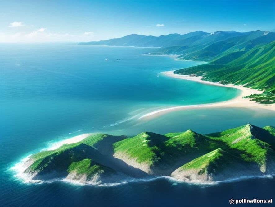 A cinematic, photorealistic 8k wide shot of a futuristic island landscape in Yeosu surrounded by the sparkling blue South Sea, featuring advanced ecofriendly architecture and sustainable marine technology infrastructure, capturing a hopeful and visionary atmosphere for the future of global island development.