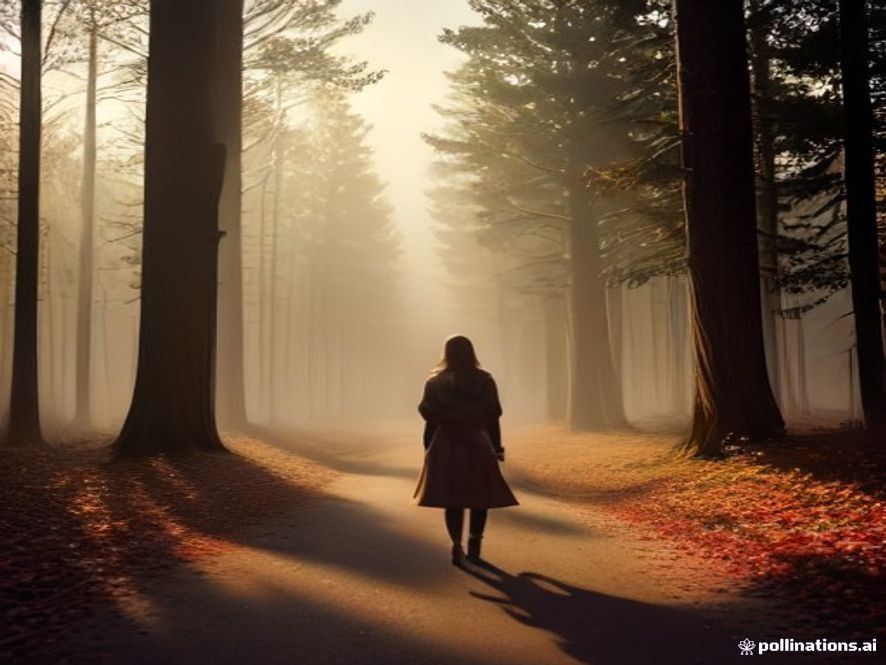 A cinematic, photorealistic 8k image featuring a person wearing layered autumn clothing standing in a serene, slightly misty morning landscape with soft golden sunlight filtering through the trees, symbolizing the transition of seasons and health awareness.