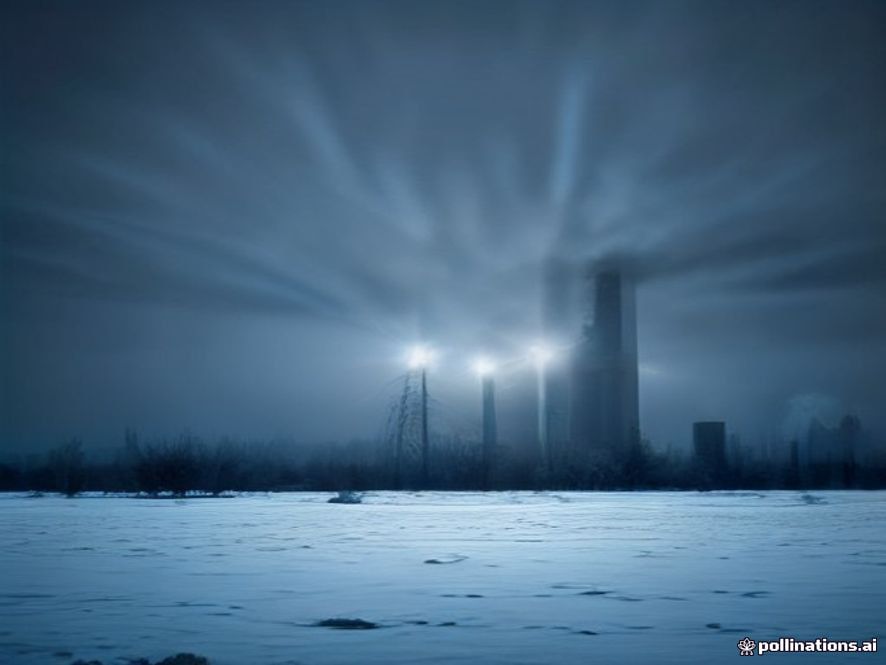 A cinematic, photorealistic 8k image showing a snowcovered, damaged power plant silhouette against a cold, grey winter sky in Ukraine, symbolizing a fragile hope for energy truce, with soft, dim light breaking through dark clouds.