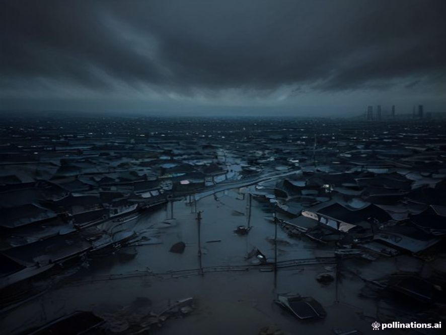 Cinematic and photorealistic 8k image of a devastated Japanese town submerged in floodwaters under a dark, stormy sky with heavy rain and wind, capturing the somber atmosphere of a climate catastrophe, highly detailed.