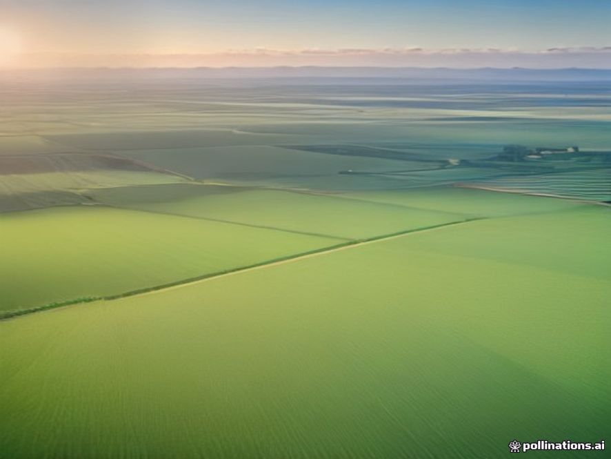 A cinematic and photorealistic 8k wideangle shot of vast, golden fertile farmlands under a clear sunrise sky, featuring modern smart farm equipment and orderly plots symbolizing a new era of systematic public land management, professional lighting, highly detailed landscape.