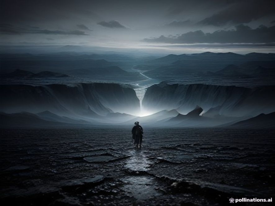 A cinematic and photorealistic 8k image of two opposing shadows looming over a cracked, desolate landscape, symbolizing a divided society trapped in a cycle of political conflict and internal power struggles, with a somber and gritty atmosphere.