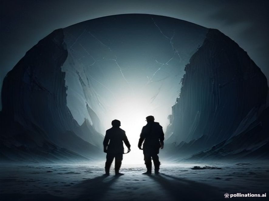 A cinematic and photorealistic 8k image featuring a silhouette of a leader standing before a backdrop of a shadowy, divided map of the Korean Peninsula with subtle echoes of military conflict in the background, symbolizing the heavy tension of national security and political controversy, dramatic lighting, moody atmosphere.