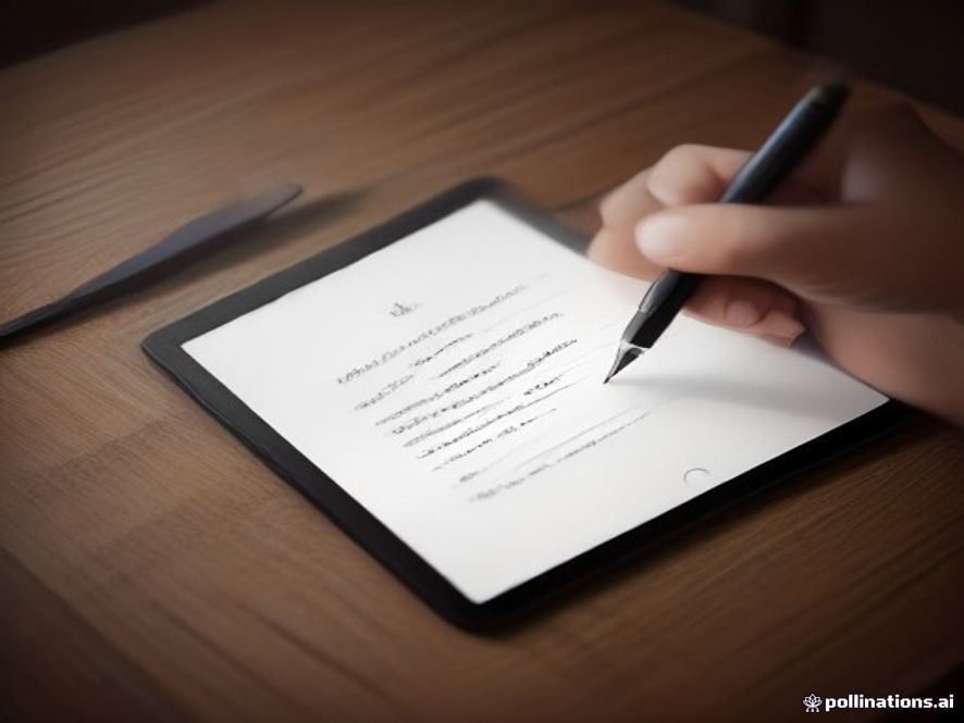 A cinematic and photorealistic 8k closeup of a persons hands carefully writing a traditional will with a classic fountain pen on a sheet of paper, next to a glowing, modern digital tablet on a dark wooden desk, creating a stark contrast under solemn, dramatic side lighting.