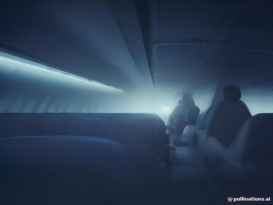 A cinematic, photorealistic 8k image capturing a dimly lit airplane cabin filled with thin, hazy smoke, focusing on a glowing, overheating power bank emitting sparks on a passenger seat, evoking a sense of sudden tension and urgency, dramatic lighting, high detail.
