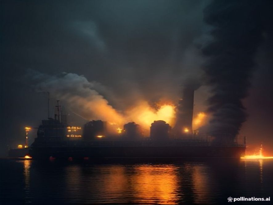 Cinematic, photorealistic 8k image of a dark and cramped industrial submarine repair dock filled with smoke and glowing orange sparks from a recent explosion, highlighting the hazardous and claustrophobic atmosphere of the maintenance site, moody lighting, high tension, industrial textures.