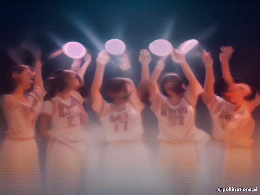Cinematic, photorealistic 8k image of the South Korean womens basketball team celebrating their Asian Games gold medal victory on the court with intense unity, their jerseys glowing under bright stadium lights, capturing a powerful moment of collective spirit and triumph with professional sports photography quality.