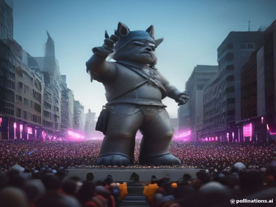 A cinematic, photorealistic 8k image showing a massive, neglected official mascot statue standing in the background of a modern festival site, while a crowd of people in the foreground enthusiastically surrounds and engages with a vibrant, trendy, and charismatic independent character, highlighting the stark contrast between bureaucratic marketing and genuine public appeal.