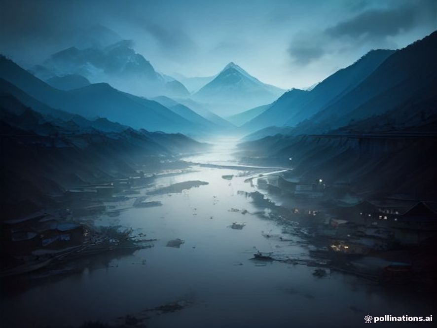 A cinematic, photorealistic 8k image of a flooded Himalayan village in Nepal with debris floating in muddy water, contrasted with a hazy, looming silhouette of industrial cityscapes emitting dark smoke in the background, symbolizing the burden of climate debt and global environmental injustice.