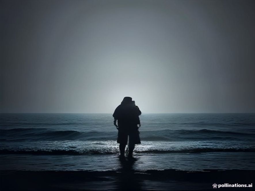A cinematic, photorealistic 8k image featuring a lone, somber silhouette of a highranking maritime police officer standing before a vast, misty ocean at dawn, symbolizing the heavy burden of public duty and the profound weight of solitude, shot in a moody and atmospheric tone.
