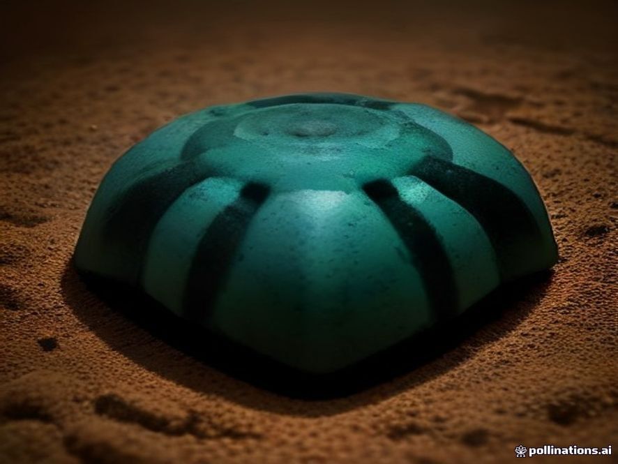 A cinematic, photorealistic 8k closeup shot of a camouflaged, nonmetallic plastic landmine partially buried in the soil of a dangerous border zone, emphasizing a tense and ominous atmosphere with a shallow depth of field.