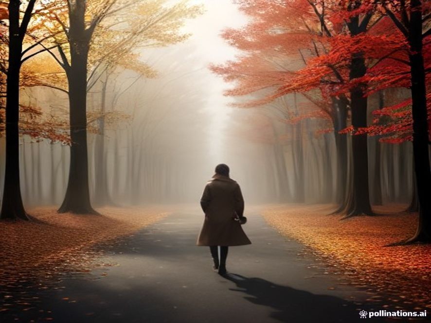 A cinematic, photorealistic 8k image of a person walking through a crisp autumn park with golden fallen leaves, wearing a stylish light coat to brace against the sudden cold, with a soft morning mist and a subtle transition of nature reflecting a seasonal shift, capturing a serene yet cautious atmosphere.
