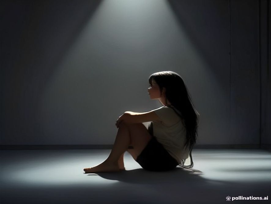 A cinematic and photorealistic 8k image of a lonely young idol trainee sitting in a dark, dimly lit practice room, casting a long shadow against the wall, with symbolic golden chains subtly entwined around their silhouette to represent the weight of unfair contracts and crushed dreams, dramatic lighting, high emotional contrast.