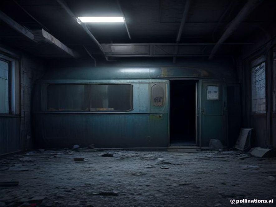 A cinematic, photorealistic 8k image showing a derelict, abandoned bus repurposed as a cramped and cold living space, situated in a desolate urban environment, capturing a somber and critical atmosphere of social controversy regarding youth housing policy, highly detailed, dramatic lighting.