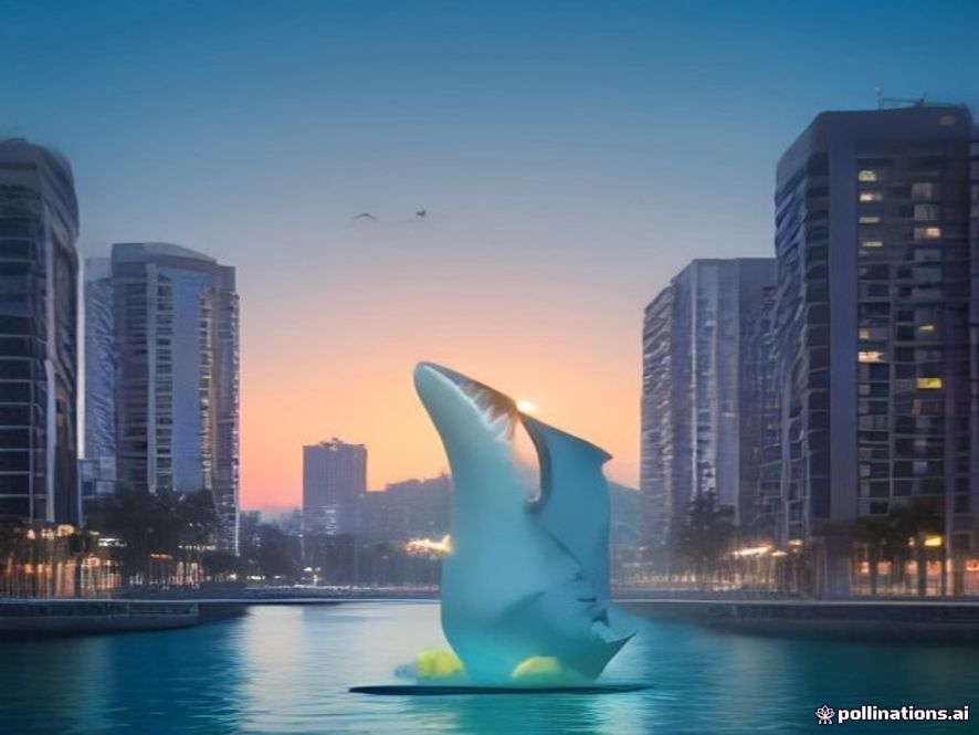 A cinematic, photorealistic 8k image of the scenic Busan North Port waterfront park at sunset, featuring a vibrant and friendly shark character sculpture Bukangi as the centerpiece, surrounded by joyful families and modern urban landscaping, reflecting a lively and rejuvenated cultural landmark atmosphere.