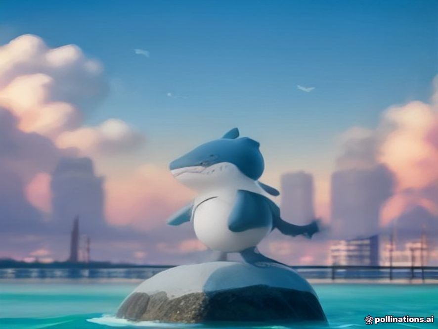 A cinematic, photorealistic 8k image of the iconic cute shark mascot Bukangi standing joyfully in the vibrant Busan North Port waterfront park with the modern harbor landscape and coastal sunset in the background, capturing a lively and welcoming atmosphere of urban tourism.
