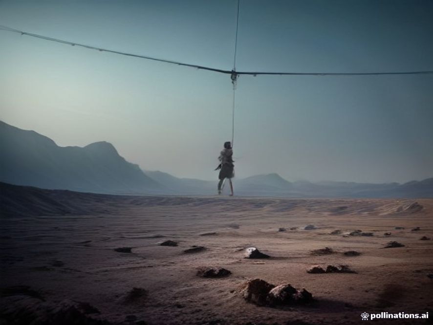 A cinematic and photorealistic 8k image showing a tightrope stretched high above a desolate festival venue with a conspicuously empty ground below, capturing a somber and tense atmosphere that highlights the lack of safety equipment and the neglect of structural risk.