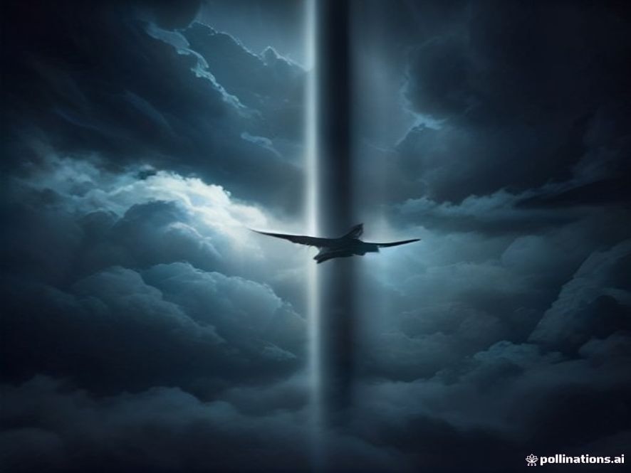 A cinematic, photorealistic 8k image of a commercial airliner flying through dark, ominous storm clouds at high altitude, symbolizing the internal threat of a pilots psychological instability and the vulnerability of aviation security, moody lighting, dramatic atmosphere.