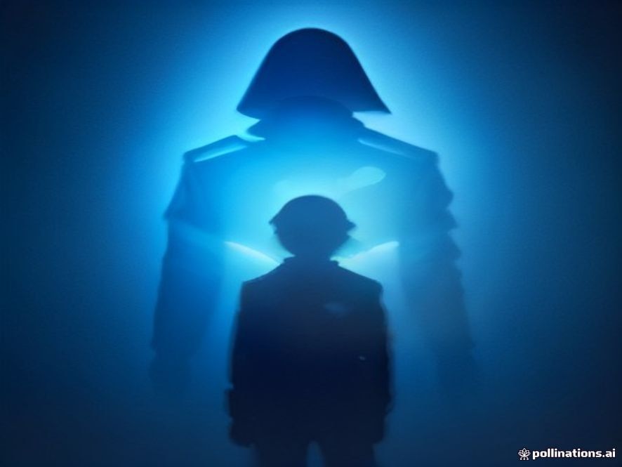 A dark and somber cinematic shot featuring a lone, shadowy police uniform silhouette illuminated by the cold, flickering blue light of a digital interface displaying fragmented AIgenerated data, symbolizing the betrayal of public trust and the chilling intersection of law enforcement and cybercrime, photorealistic, 8k, high contrast.