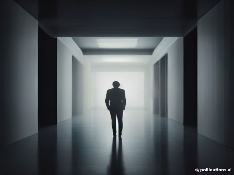 A cinematic and photorealistic 8k portrait of a determined modern political leader standing in a grand, dimly lit corridor of a government building, surrounded by blurred shadows of historical monuments and abstract political symbols, capturing a tense atmosphere of ideological confrontation and the weight of legacy.