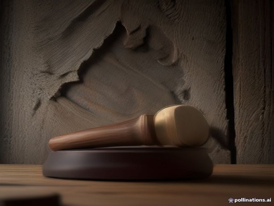 A cinematic, photorealistic 8k image featuring a grand, heavy wooden gavel resting on a weathered stone surface, surrounded by the subtle, dramatic interplay of light and shadow that symbolizes the tension between the scales of justice and a cracked constitutional structure, capturing an atmosphere of solemnity and institutional fragility.