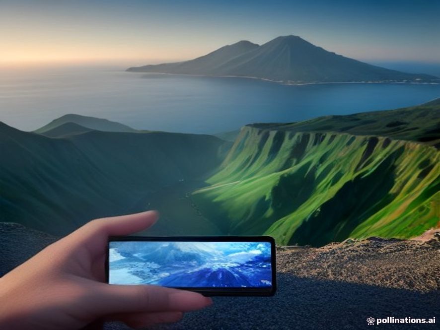 A cinematic, photorealistic 8k image featuring a beautiful Jeju Island landscape in the background, with a digital smartphone screen in the foreground displaying distorted and misleading social media icons being shattered by a professional legal gavel, symbolizing the fight against fake news, sharp focus, dramatic lighting, high quality.