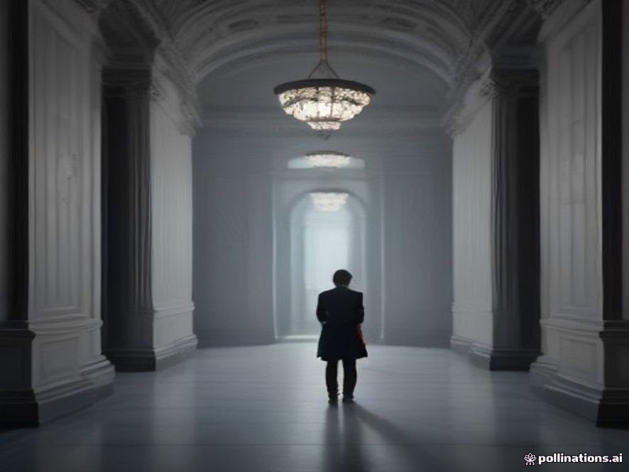 A cinematic and photorealistic 8k image of a highstakes diplomatic landscape featuring a solitary, sharpsuited diplomat standing in a dimly lit, cold architectural corridor representing a tense geopolitical shift, with a subtle backdrop of a map or abstract international flags fading into the shadows, conveying a sense of gravity, firm resolve, and serious political decisionmaking.