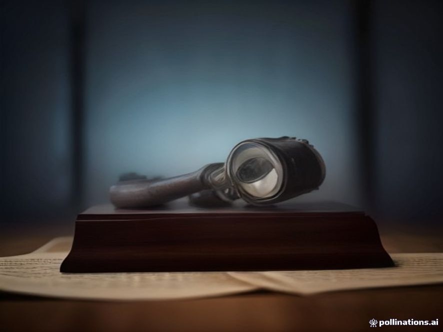 A cinematic, photorealistic 8k image of a weathered wooden courtroom gavel resting on a heavy legal document, with a sharp contrast between blurred, cold blue light representing investigation files and warm, focused light symbolizing the pursuit of truth and justice in a somber, professional legal atmosphere.