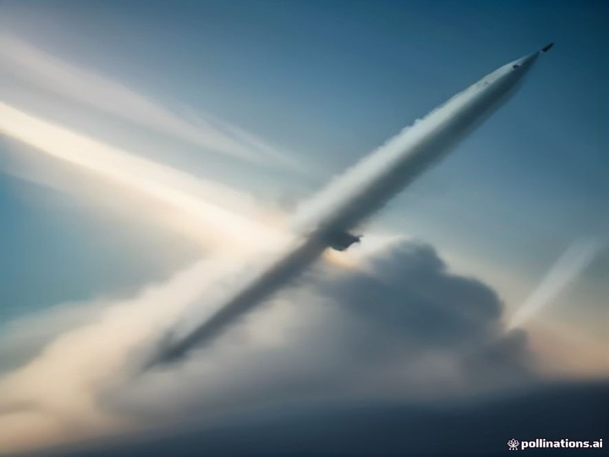 A cinematic, photorealistic 8k image of a sleek, advanced South Korean hypersonic missile soaring through the upper atmosphere at supersonic speeds with a powerful glowing exhaust trail, set against the backdrop of a dramatic sunset over the Korean Peninsula, conveying national defense strength and cuttingedge military technology.