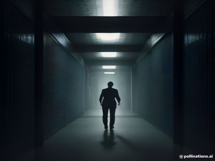 A cinematic, photorealistic 8k image featuring a silhouette of a man standing behind heavy steel prison bars, with a subtle spotlight casting long shadows in a dim, coldtoned prison corridor, symbolizing the tension between legal justice and systemic controversy, dramatic atmosphere, high contrast.