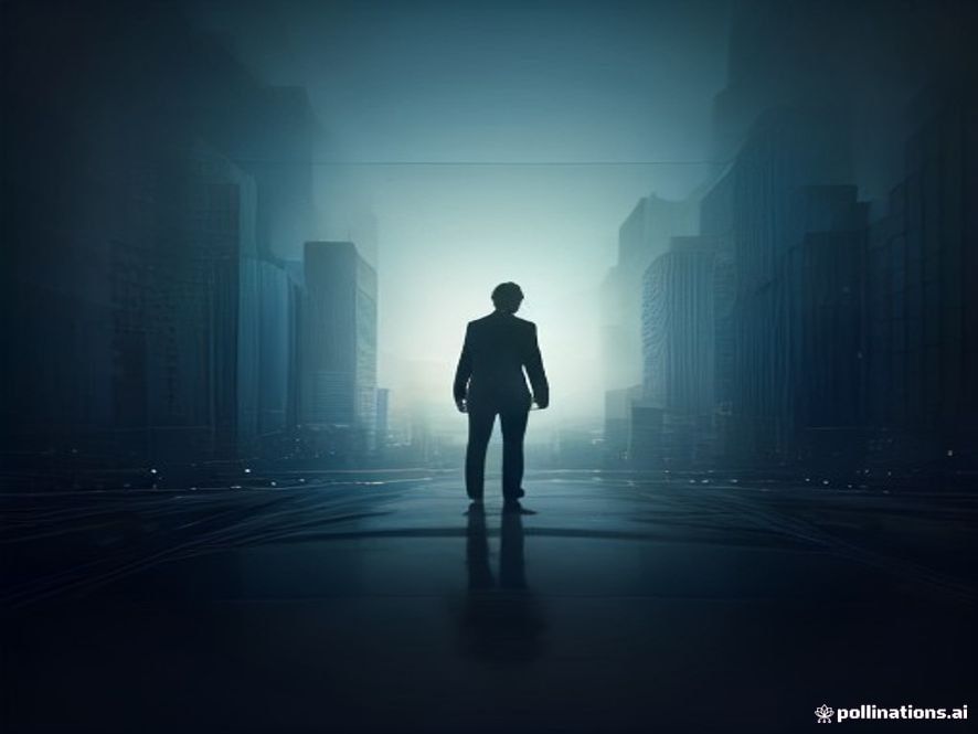 A cinematic and photorealistic 8k image featuring a lone silhouette of a business professional standing on a hightech glass bridge overlooking a vast, complex digital map of interconnected global trade networks and glowing geopolitical boundaries, symbolizing the weight of national survival and strategic adaptation in a chaotic modern era, highly detailed with atmospheric lighting.