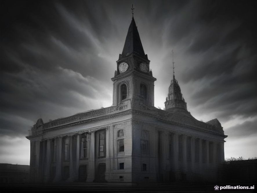 A cinematic and photorealistic 8k image featuring the somber silhouette of a courthouse building under a moody, overcast sky, reflecting a sense of gravity and pursuit of justice for a tragic crime, high contrast, dramatic lighting.