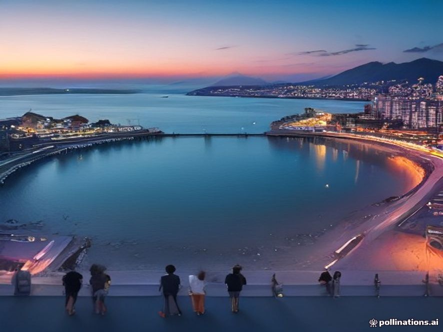 A cinematic, photorealistic 8k wide shot of the vibrant Busan North Port Waterfront Park, featuring the iconic Bukangi mascot amidst a bustling crowd of happy citizens and tourists enjoying the scenic ocean view and modern urban landscape, golden hour lighting, peaceful yet lively atmosphere, high detail.