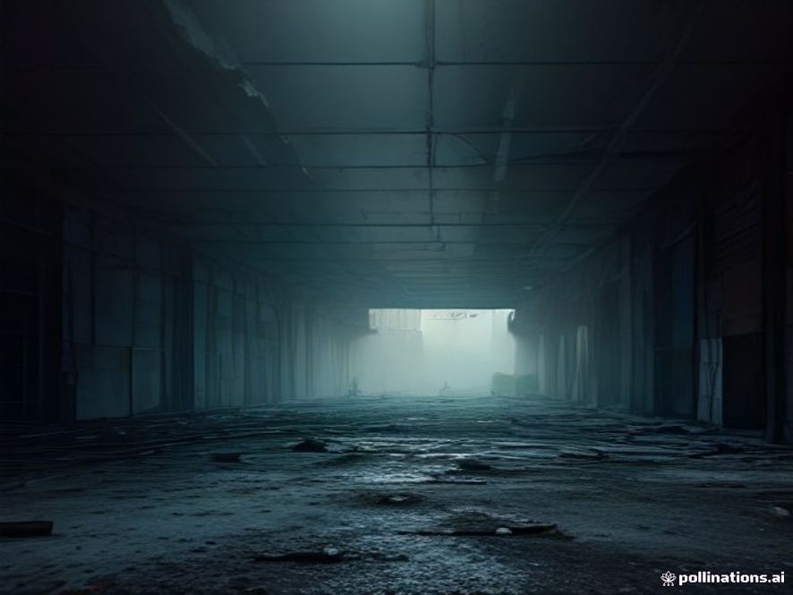 A cinematic and photorealistic 8k image showing the aftermath of a collapsed ceiling in a commercial shopping area with scattered debris and dust, highlighting the precarious state of aging building infrastructure, dramatic lighting, somber atmosphere.