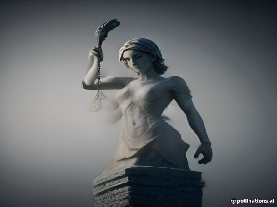 A cinematic and photorealistic 8k image featuring the scales of justice held by a fragile, crumbling stone hand, caught between the imposing shadows of modern geopolitical power structures and the fading light of international law, capturing a tense atmosphere of judicial independence under threat.