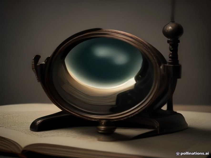 A dramatic cinematic shot of a weathered, antique magnifying glass placed over a stack of dusty, old academic thesis papers in a dim, hightension political office, symbolizing the scrutiny of past controversies, 8k resolution, photorealistic, moody atmosphere.