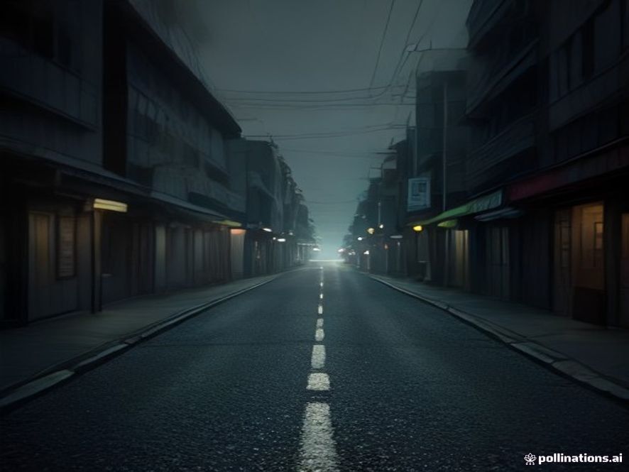 A cinematic and photorealistic 8k image showing a lonely, dimly lit street near a Jeju hotel at dusk, capturing a somber and tense atmosphere that reflects the fragility of public safety, with police patrol lights glowing faintly in the distance, highly detailed, dramatic lighting.