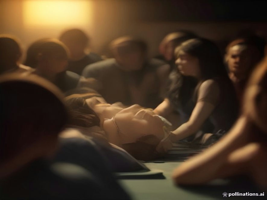 A cinematic and photorealistic 8k image capturing a tense yet heroic moment in a sunlit, crowded restaurant where compassionate strangers are performing CPR on a person who collapsed, highlighting the urgency of the golden hour with a dramatic atmosphere, emotional depth, and highquality detail.