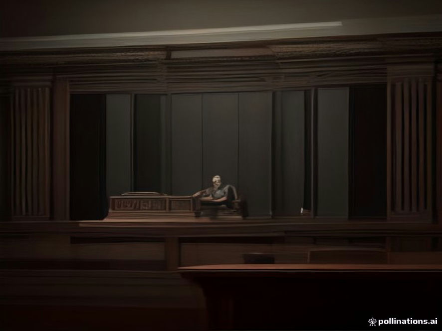 A cinematic and photorealistic 8k image of a solemn, dimly lit courtroom with a prominent wooden judges gavel resting on a desk, symbolizing the weight of justice and the rule of law in a politically charged atmosphere.