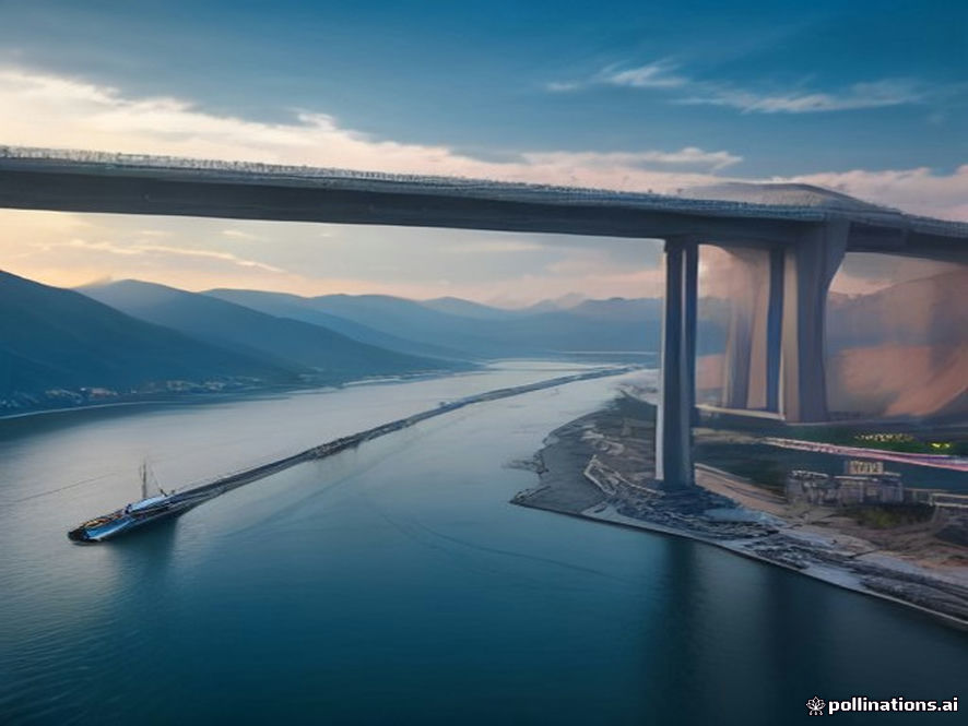 A cinematic, photorealistic 8k wideangle shot of the massive New Yalu River Bridge connecting North Korea and China under a dramatic morning sky, symbolizing a new era of economic partnership and logistics across the vast river, with a sharp focus on the architectural scale of the bridge and the bustling atmosphere of trade.