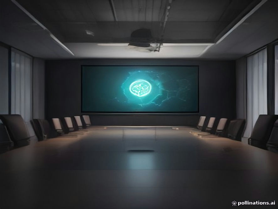 Cinematic, photorealistic 8k image of a highstakes diplomatic negotiation table featuring abstract symbols of national security, such as a glowing digital North Korean nuclear threat map, interlocking with complex industrial gears and corporate regulatory documents, set in a dimly lit, tense government office with sharp contrasts and cold, sophisticated lighting.