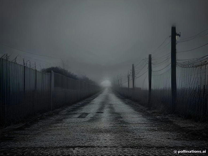 A cinematic and photorealistic 8k image capturing the tense and solemn atmosphere of the Korean Demilitarized Zone DMZ, featuring a sharp, detailed barbedwire border fence stretching across a misty landscape under dramatic, moody lighting to reflect national security and territorial sovereignty tension.