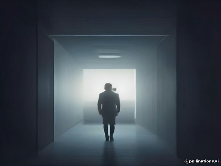 A cinematic and photorealistic 8k image featuring a lone, shadowy silhouette of a young office worker standing in a vast, cold, and dimly lit corporate office filled with towering abstract digital data graphs, capturing a somber and melancholic atmosphere of systemic pressure and human fragility.