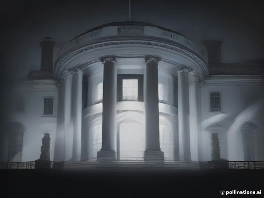 Cinematic, photorealistic 8k image of the iconic White House West Wing silhouette cast in deep, moody shadows against a dramatic twilight sky, symbolizing political instability and the power struggle behind the scenes, high contrast, professional photography style.