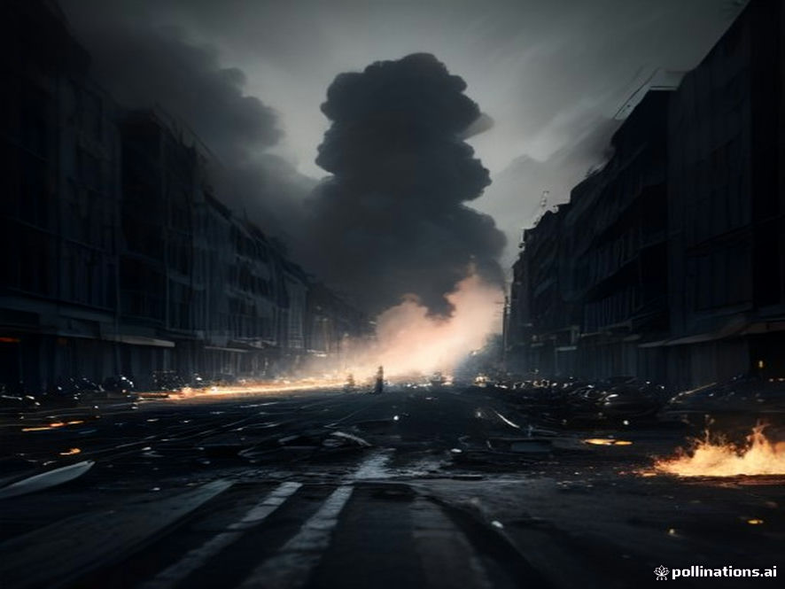 A cinematic and photorealistic 8k image capturing a chaotic street scene in France at night, with towering flames and thick smoke rising from burning debris, silhouettes of protesters amidst urban unrest, and a moody, highcontrast atmosphere reflecting deep social tension and structural conflict.