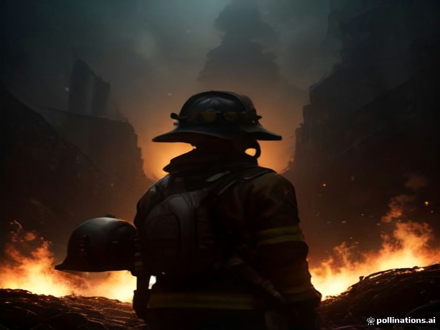 A cinematic and photorealistic 8k image of a heroic firefighter standing in front of a dark, wornout fire engine, holding a heavy helmet while looking toward a complex web of golden glowing chains that represent the paradoxical burden of local fiscal constraints, emphasizing the tension between national duty and fragmented regional funding, dramatic lighting, high contrast.